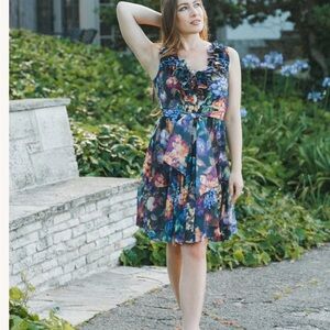 OLVI'S Floral Ruffle Mini Dress in Blue and Pink